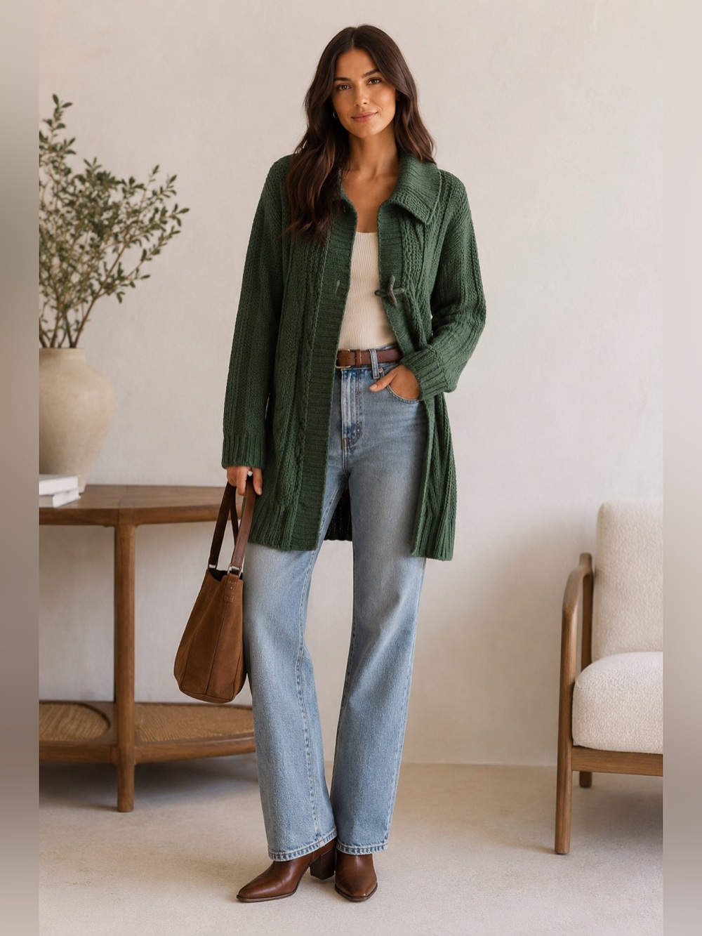 d&co Olive Green Textured Knit‎ Toggle Cardigan Sweater L